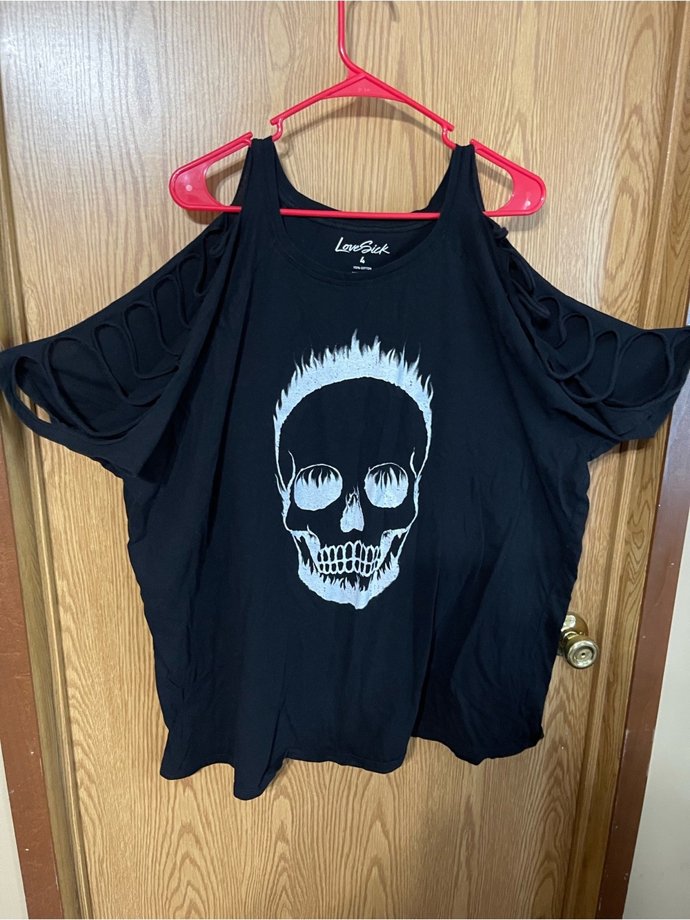 Lovesick Black Cold-Shoulder Tee with White Skull Graphic